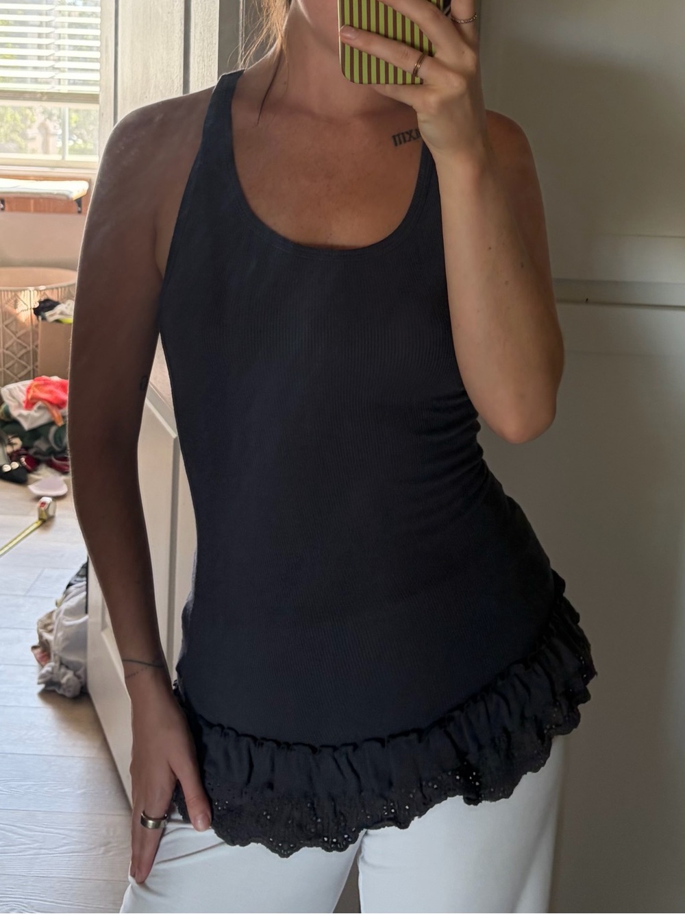Y2K Twentyone Charcoal Ribbed Lace Ruffle Racerback Tank Size S